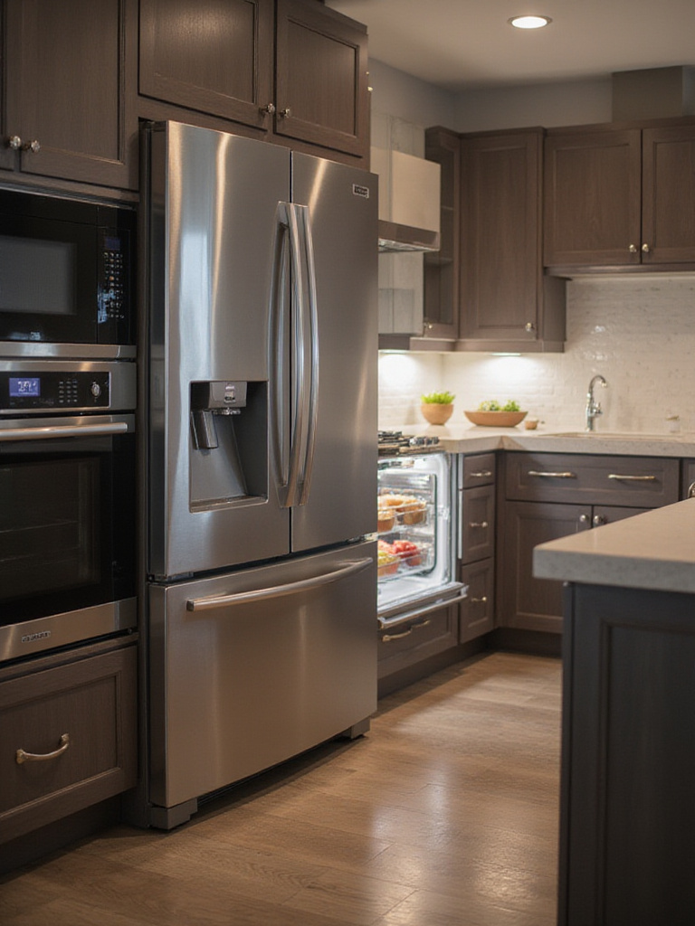 Modern kitchen with integrated smart appliances including a refrigerator, oven, and dishwasher.