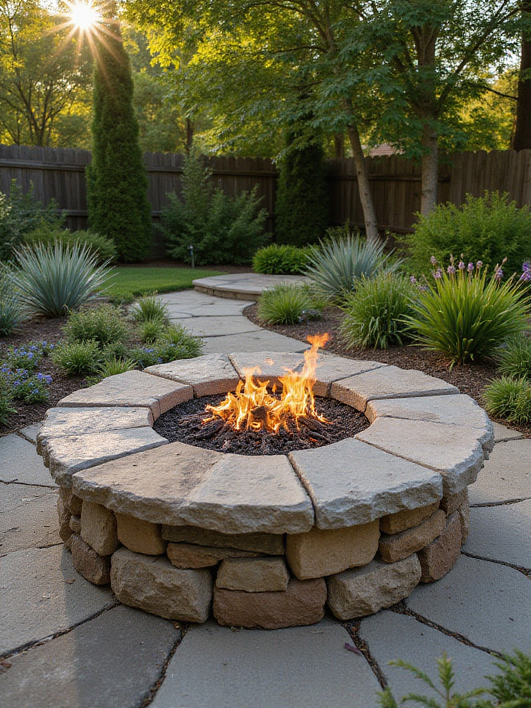 Integrated firepit in a garden landscape with ornamental grasses and succulents