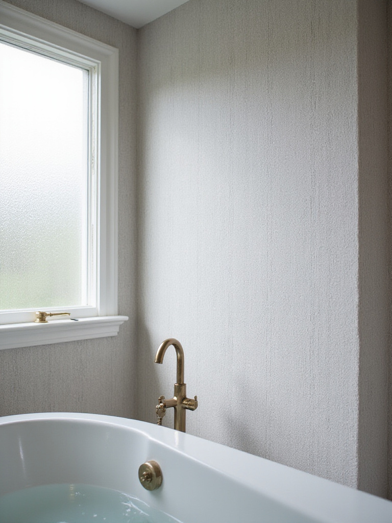 Luxurious bathroom with textured wallpaper in soft gray, showcasing depth and elegance.