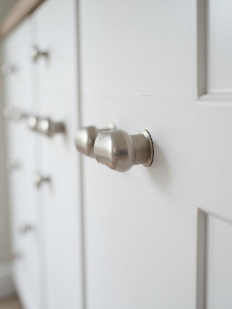 Updated bathroom cabinet with modern brushed nickel hardware and knobs