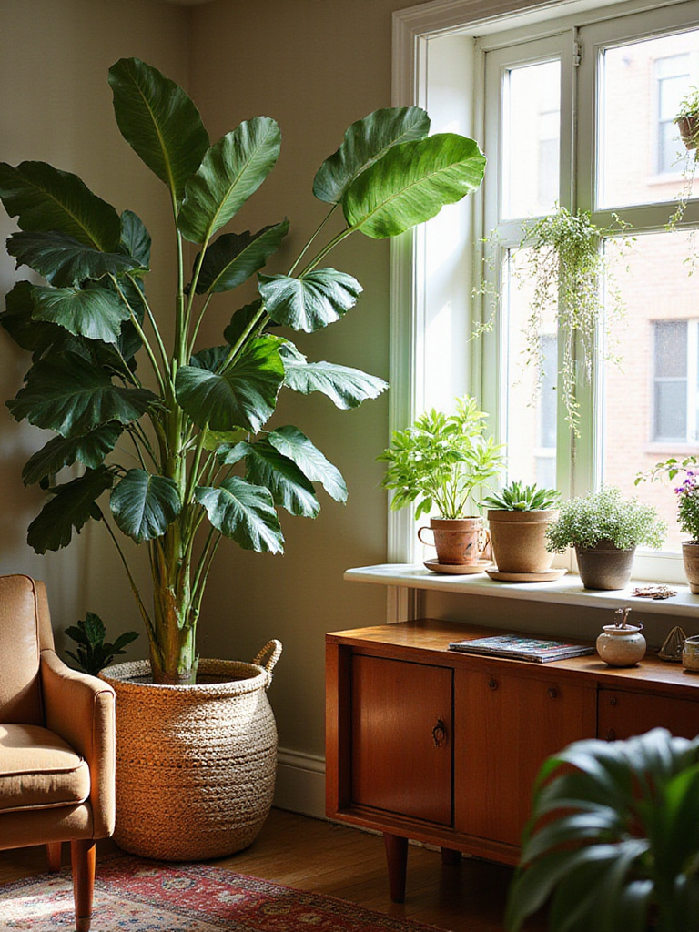 Eclectic living room featuring diverse indoor plants including a Fiddle Leaf Fig and succulents.