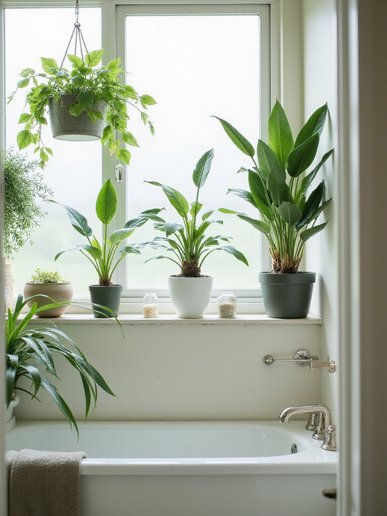 A serene bathroom with low-maintenance plants in decorative pots, creating a calming atmosphere.