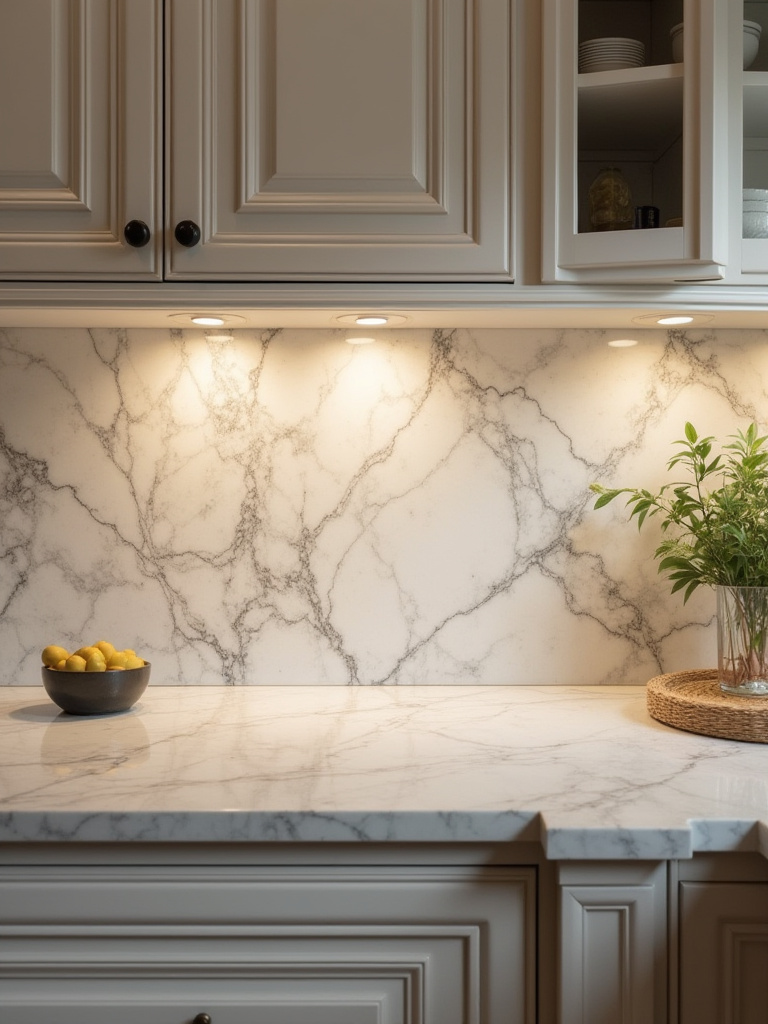 Luxurious kitchen with veined marble backsplash and elegant cabinetry