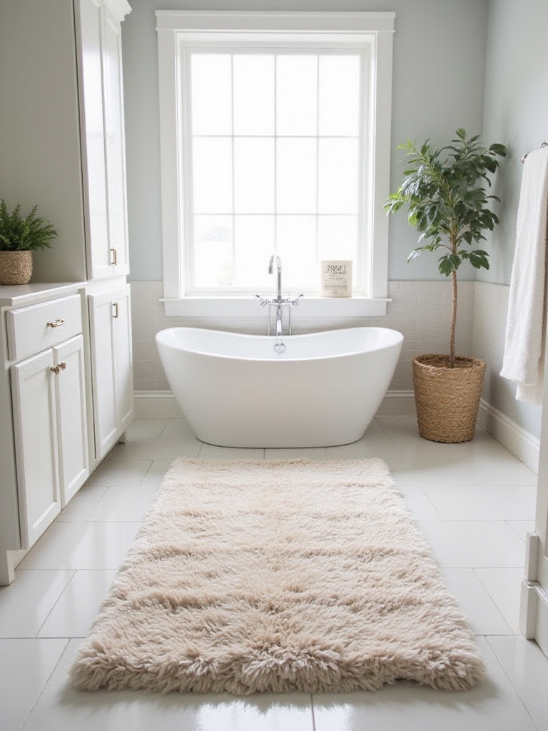 Stylish bathroom with a plush area rug in front of a freestanding bathtub