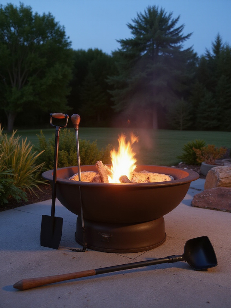 Outdoor firepit setup with essential tools and safety accessories arranged elegantly.