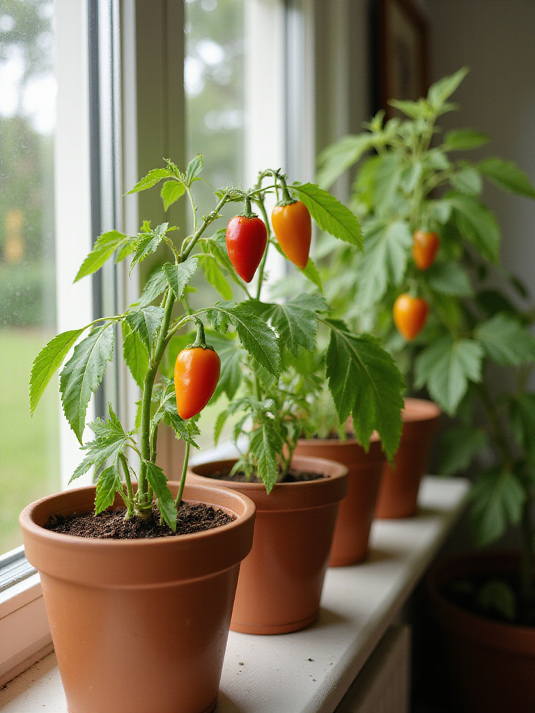 Indoor gardening setup with healthy potted tender vegetables like peppers and tomatoes on a bright windowsill.