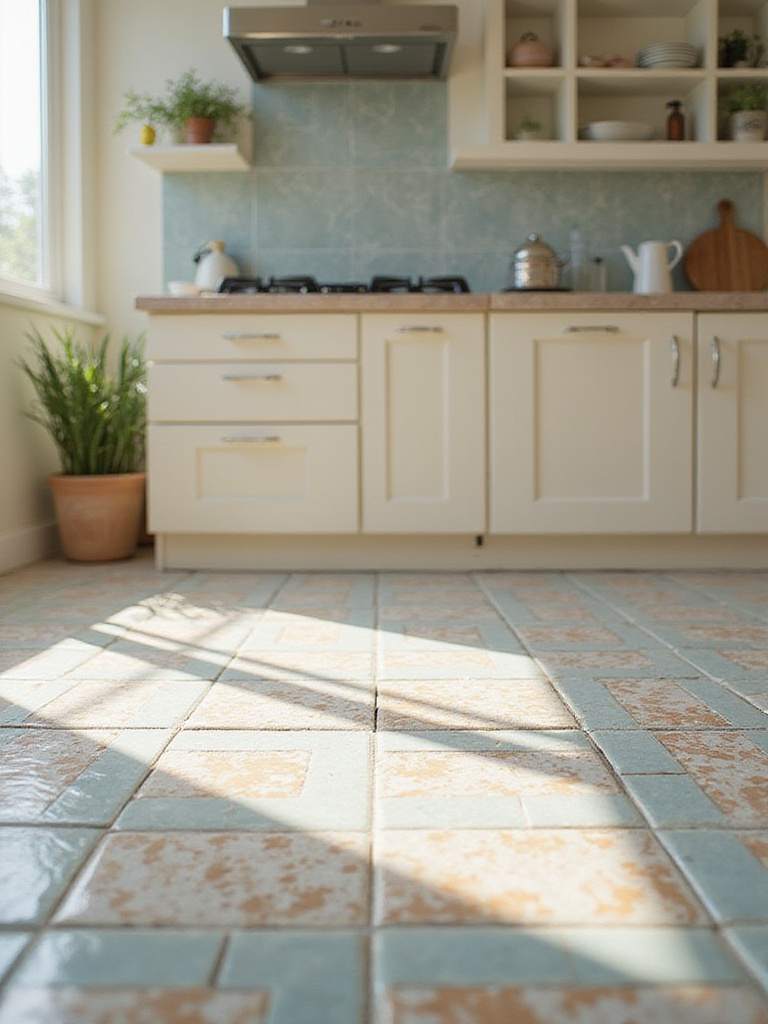 A professional kitchen tile installation showcasing intricate tile designs and patterns.