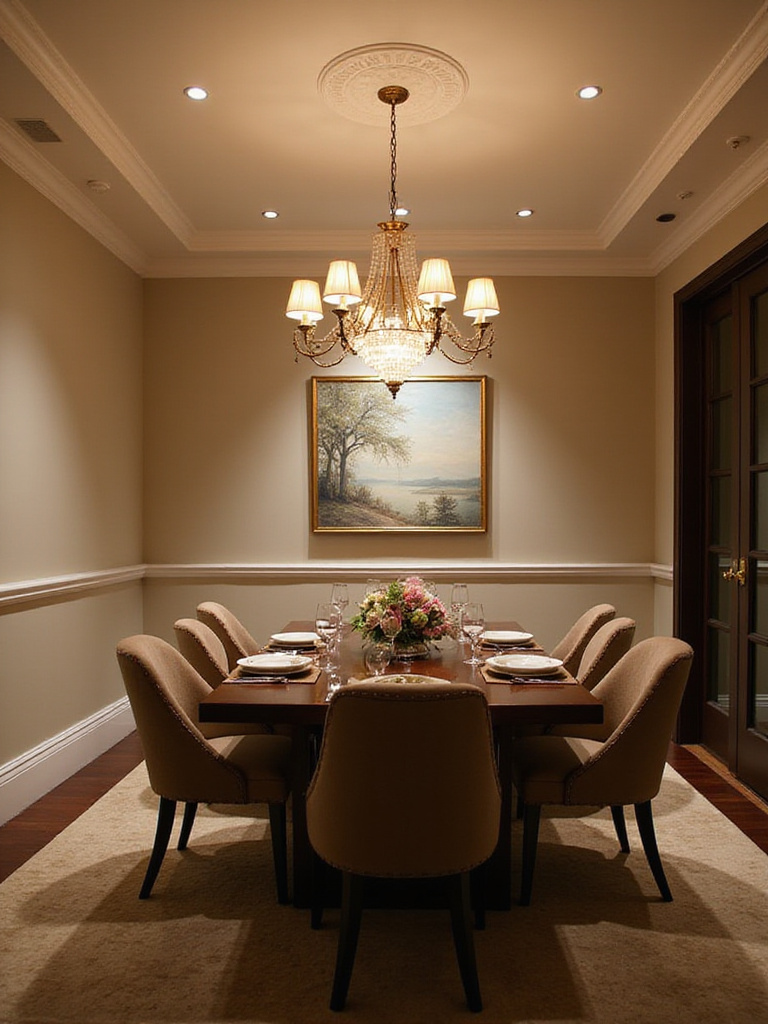 Elegant dining room with a chandelier and layered lighting types.