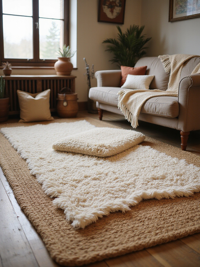 Rustic living room with layered cozy area rugs made of jute and wool.