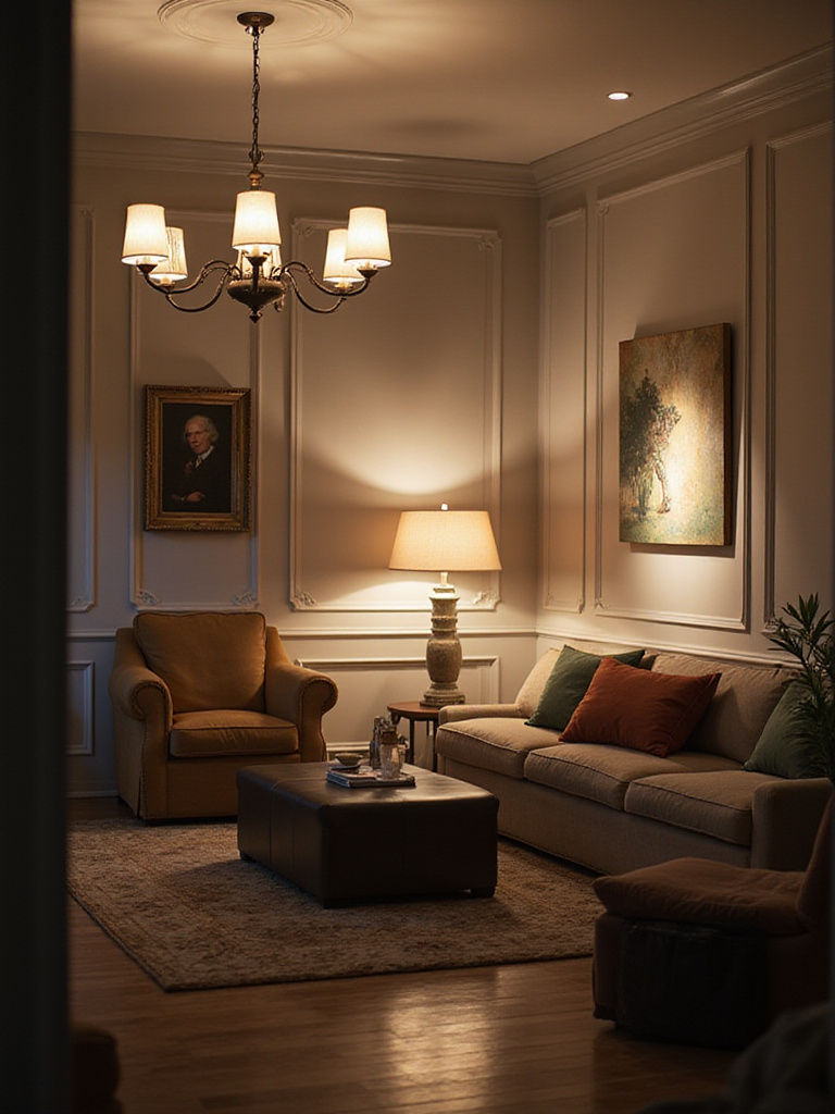 Modern living room showcasing layered lighting with ambient, task, and accent fixtures.