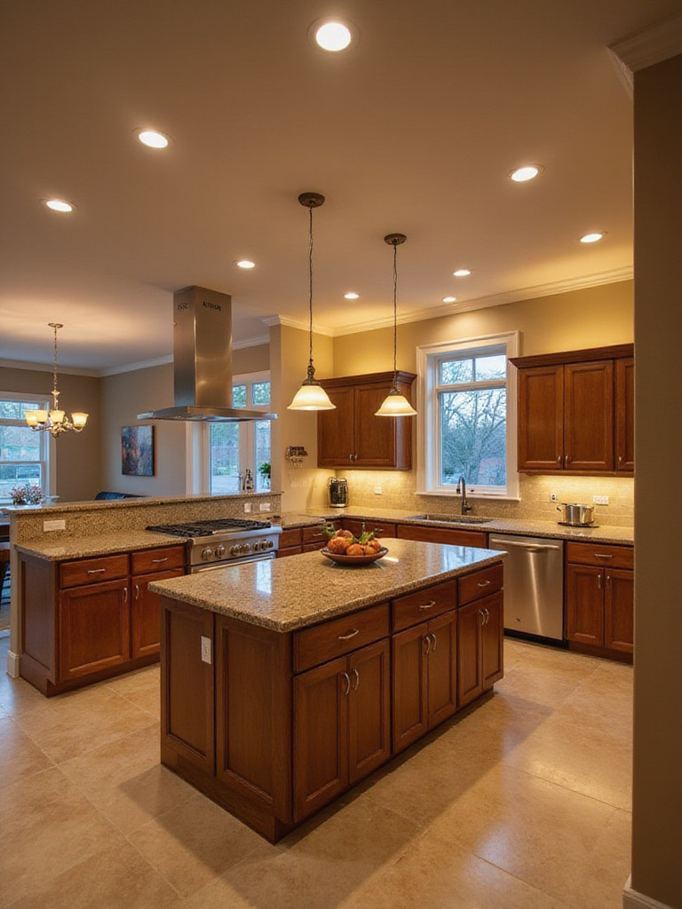 Modern kitchen with layered lighting showcasing ambient, task, and accent lights.