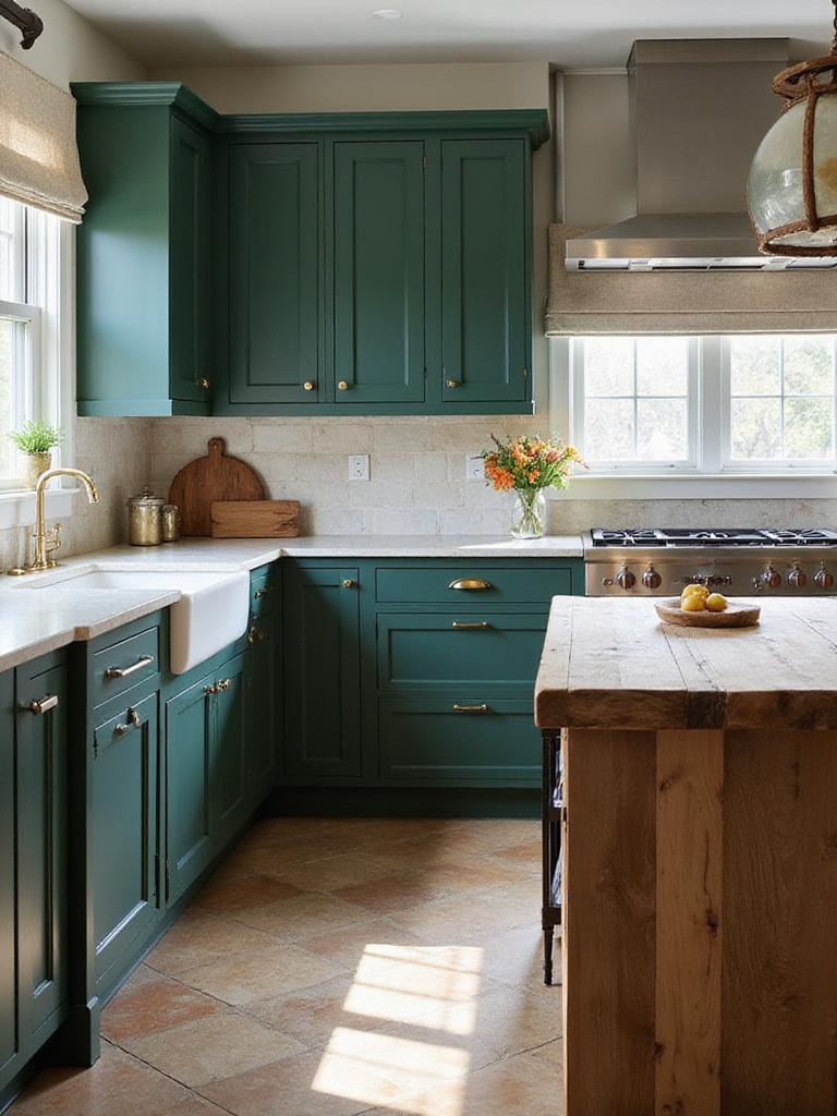 Kitchen with green cabinets and natural textures including wood and stone