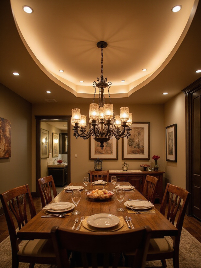 Elegant dining room with chandelier and recessed lighting
