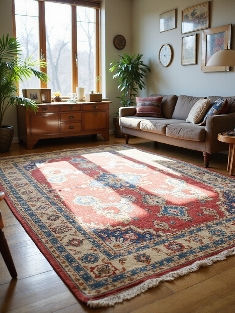 Eclectic living room with layered rugs showcasing texture and color