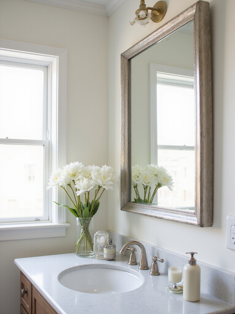Elegant bathroom with a framed mirror, showcasing sophistication and style