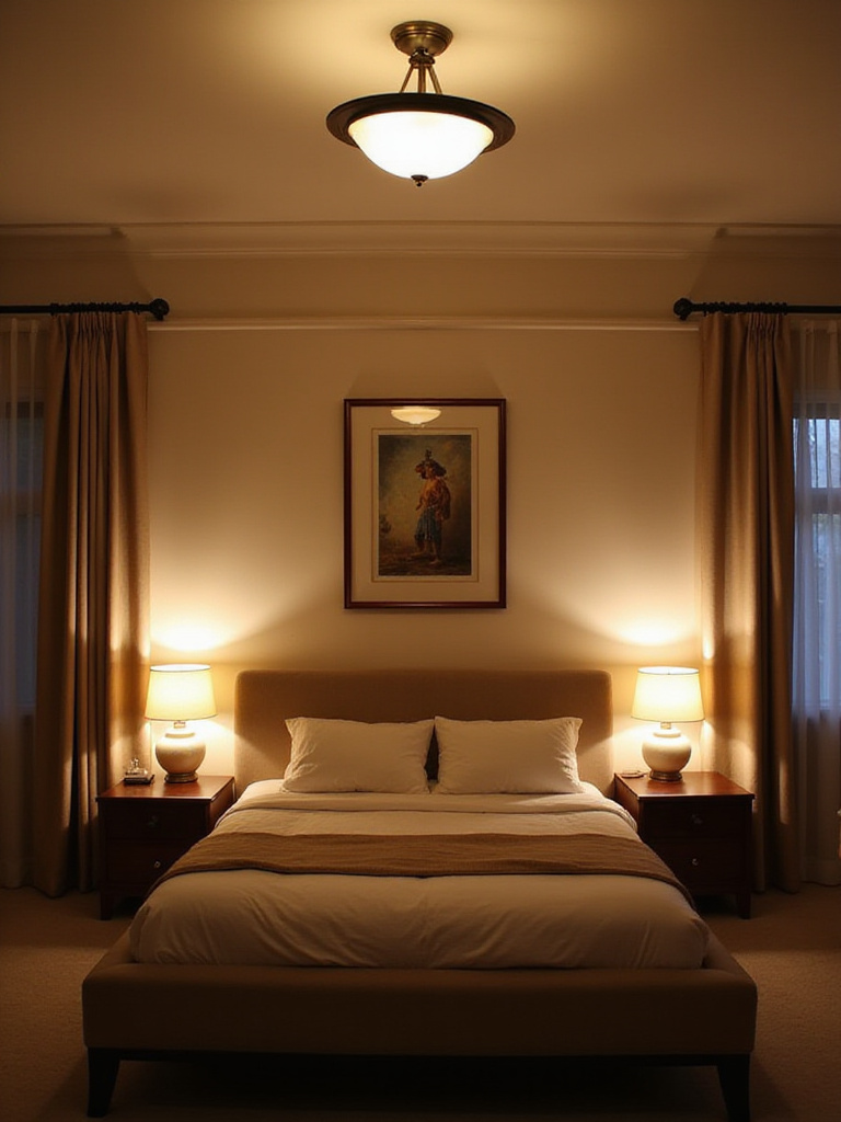 Layered bedroom lighting setup with warm glow from ceiling lights, bedside lamps, and accent lights.