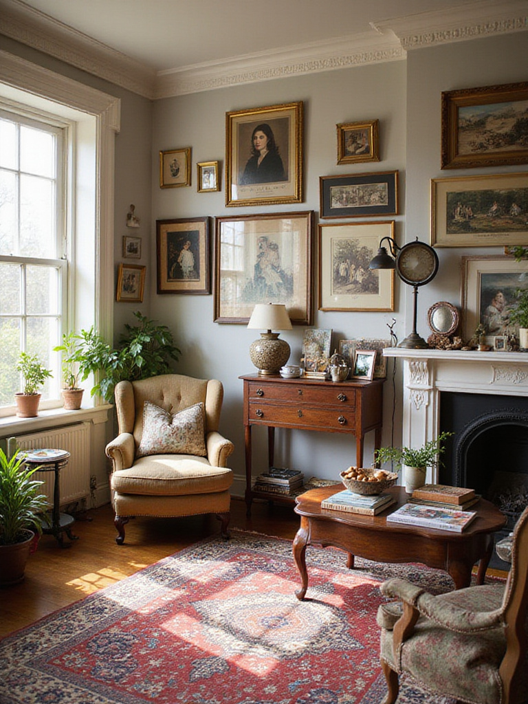 Eclectic living room showcasing personalized decor and warm lighting
