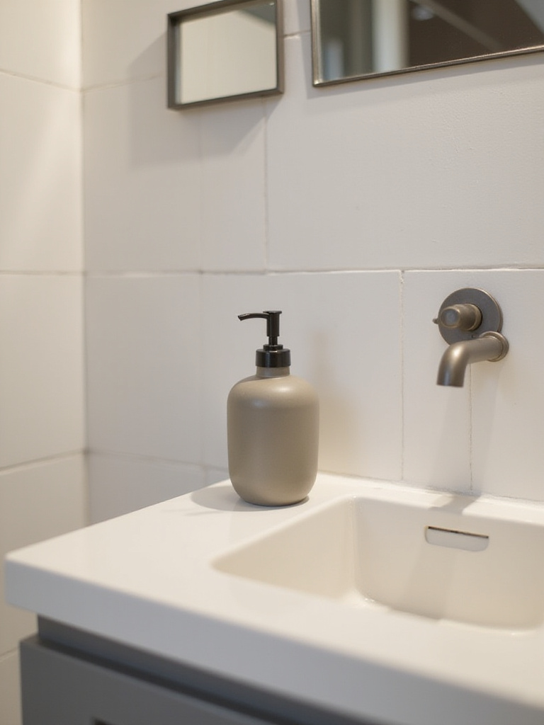 Minimalist bathroom with a single ceramic soap dispenser as the focal point.