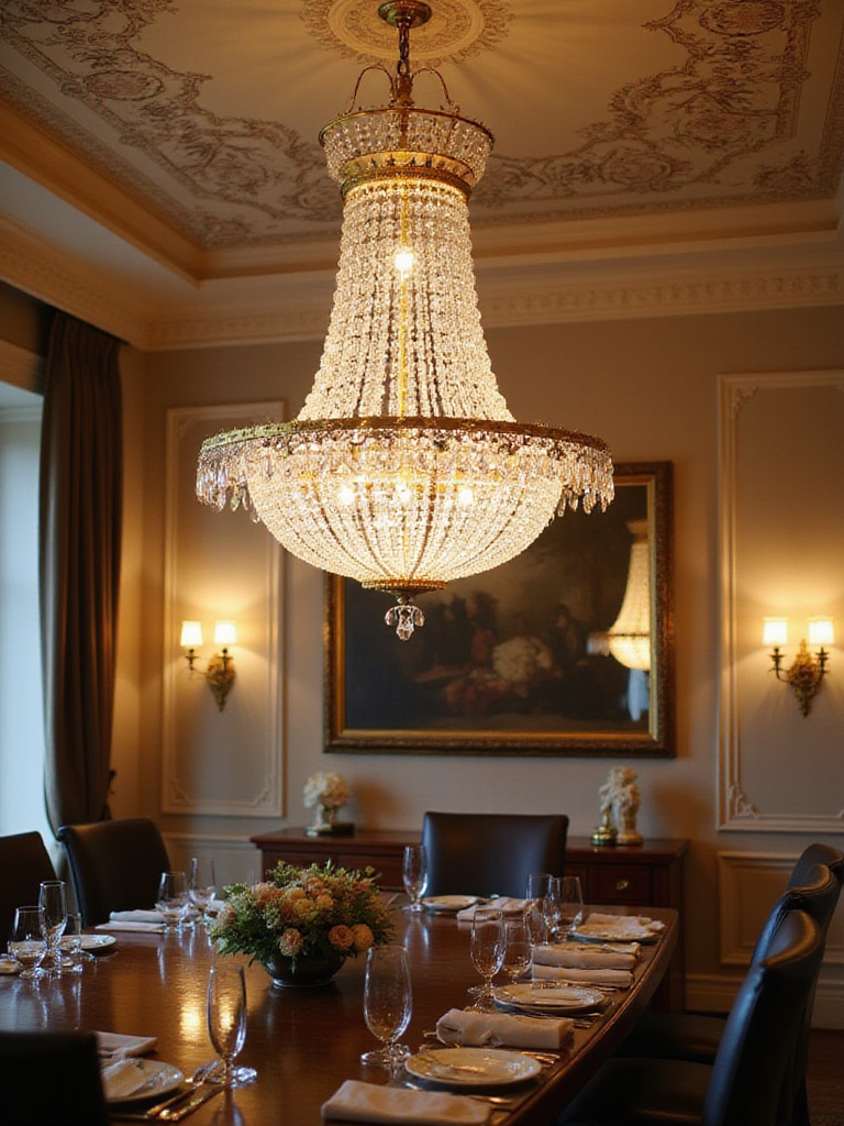 Elegant crystal chandelier in a warm-lit dining room, showcasing sparkling brilliance.