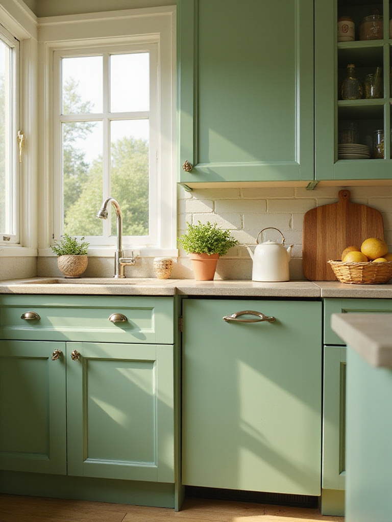 Pristine green kitchen cabinets with natural lighting