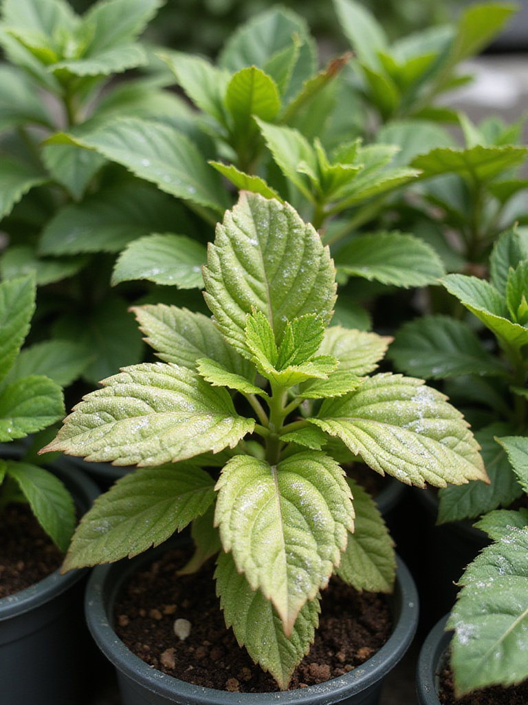 Close-up of container plants showing symptoms of common diseases like powdery mildew and blight.