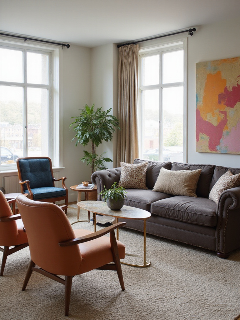 Eclectic living room showcasing visual balance and room flow with Victorian and mid-century modern furniture.