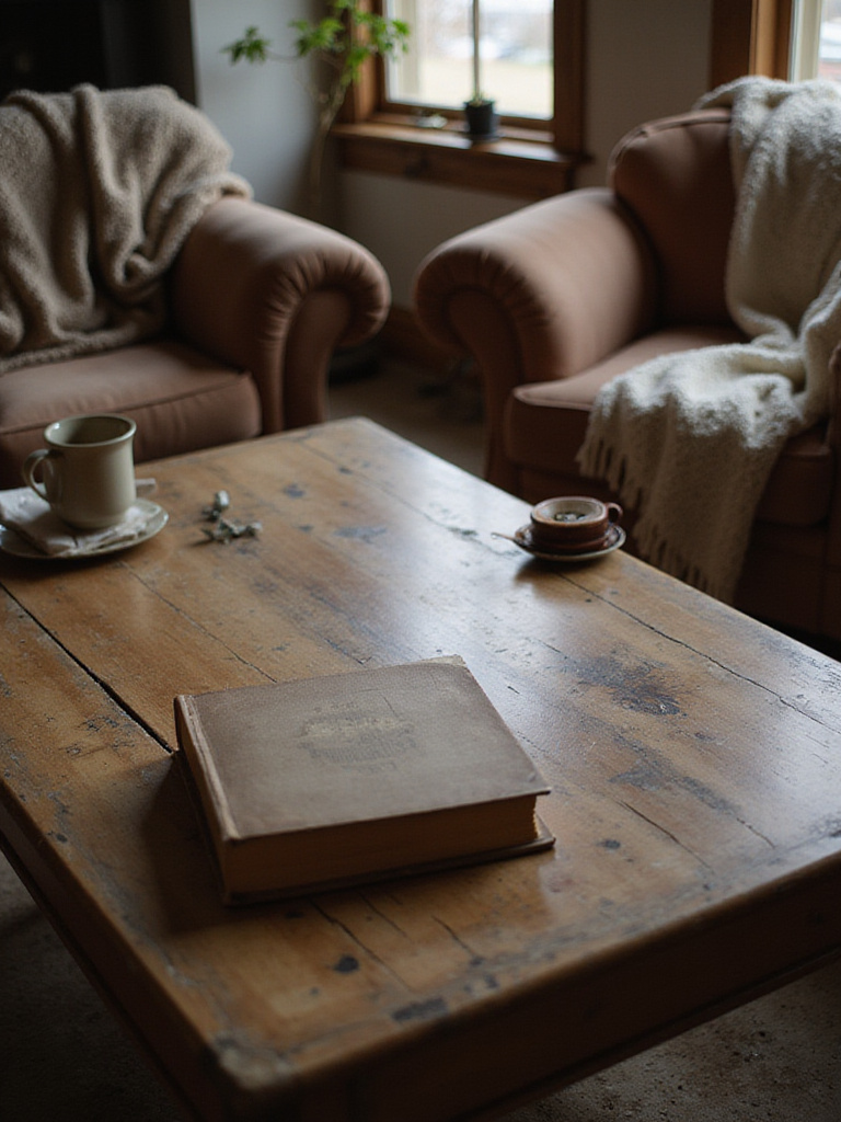 Cozy rustic living room scene with a lived-in feel, showcasing an antique coffee table with books and a ceramic mug.