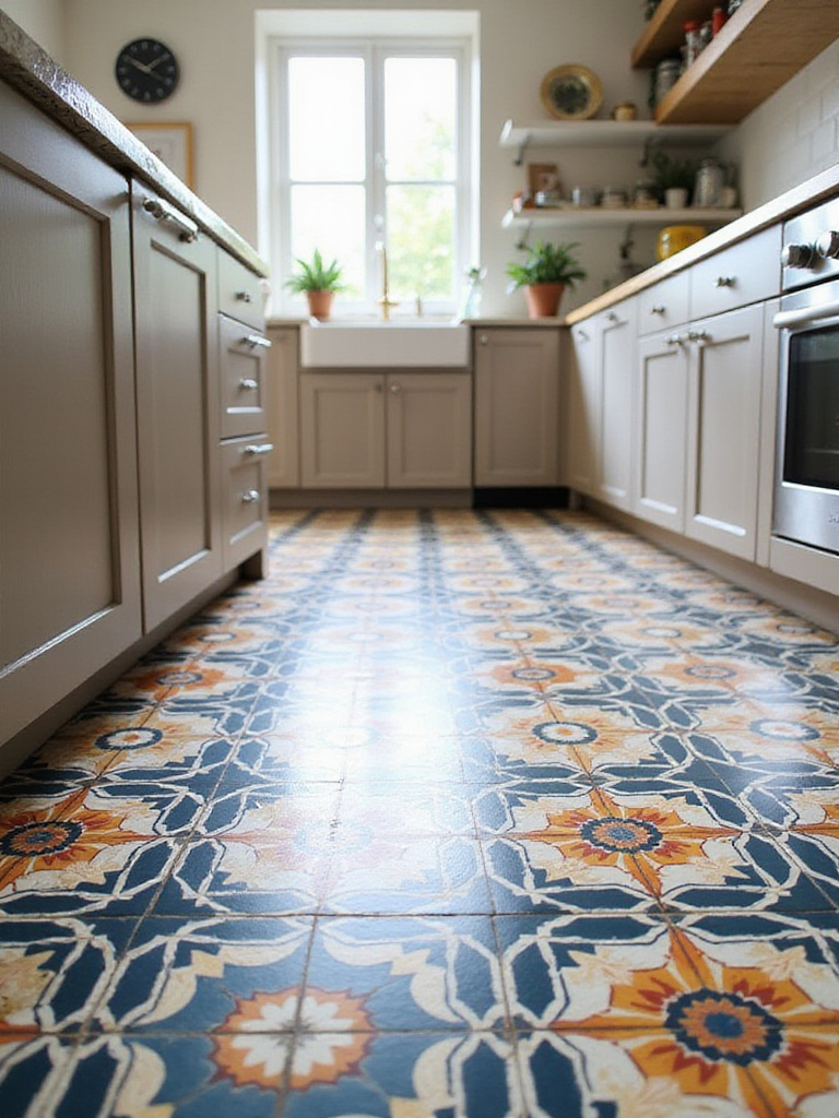 Stunning kitchen floor with bold patterned cement tiles showcasing intricate designs and vibrant colors.