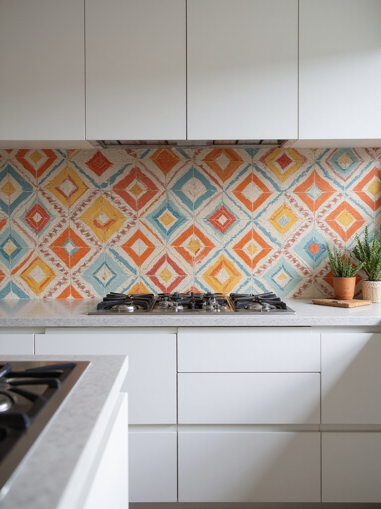 Modern kitchen with bold geometric patterned backsplash