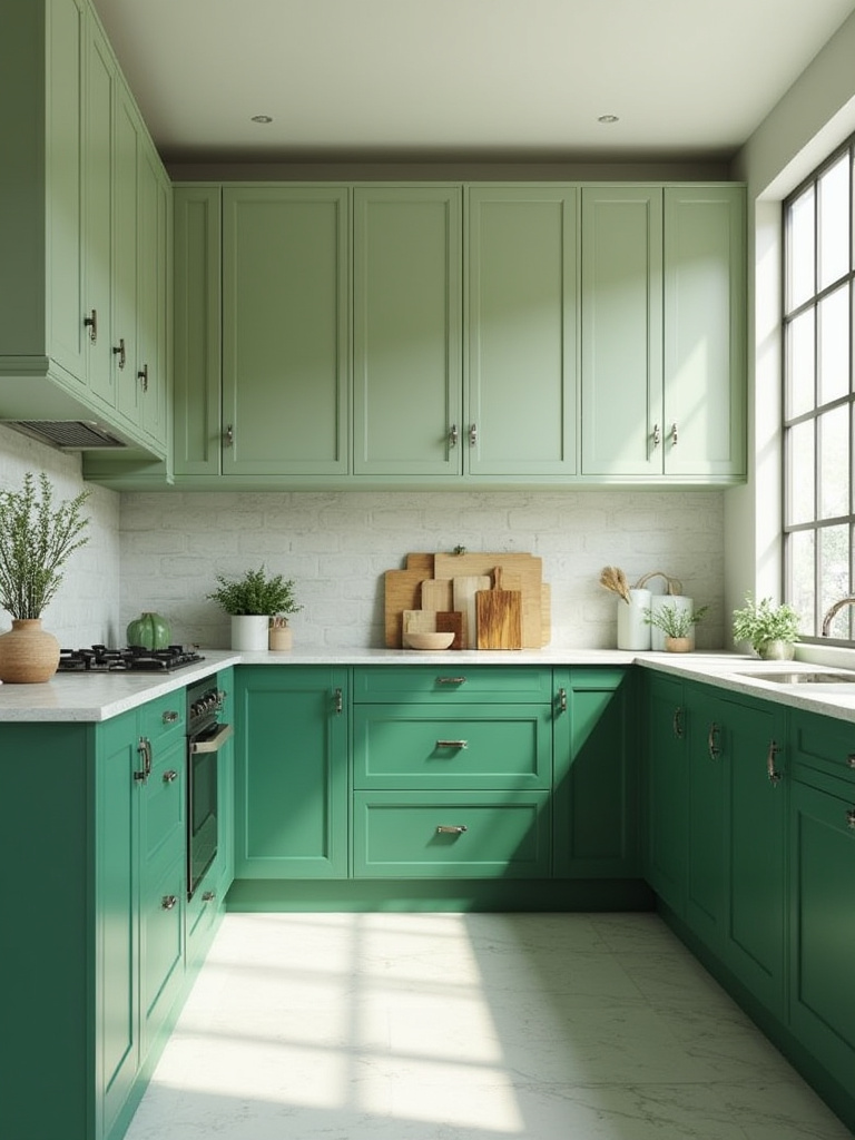 A well-designed kitchen with green cabinets in various shades, showcasing natural light and elegant design.