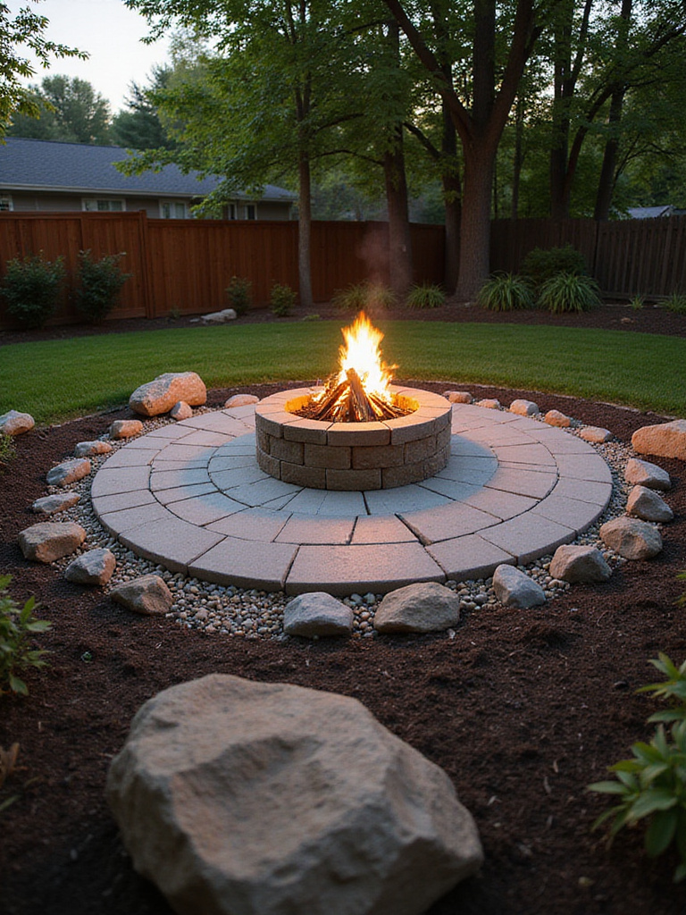 Well-maintained firepit area with a non-combustible surface and clear safety zones