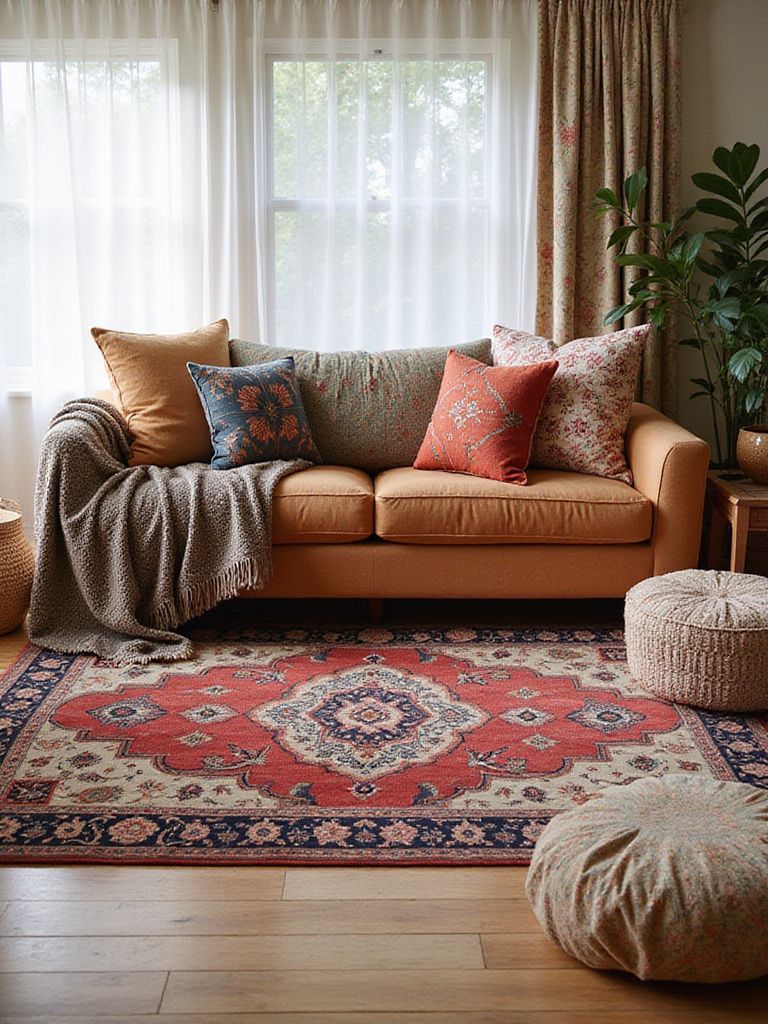 Eclectic living room showcasing masterful mixing of patterns on textiles with a Persian rug and varied patterned pillows.