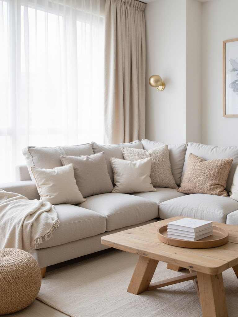 Modern living room featuring neutral color palette with textured cushions and natural light.
