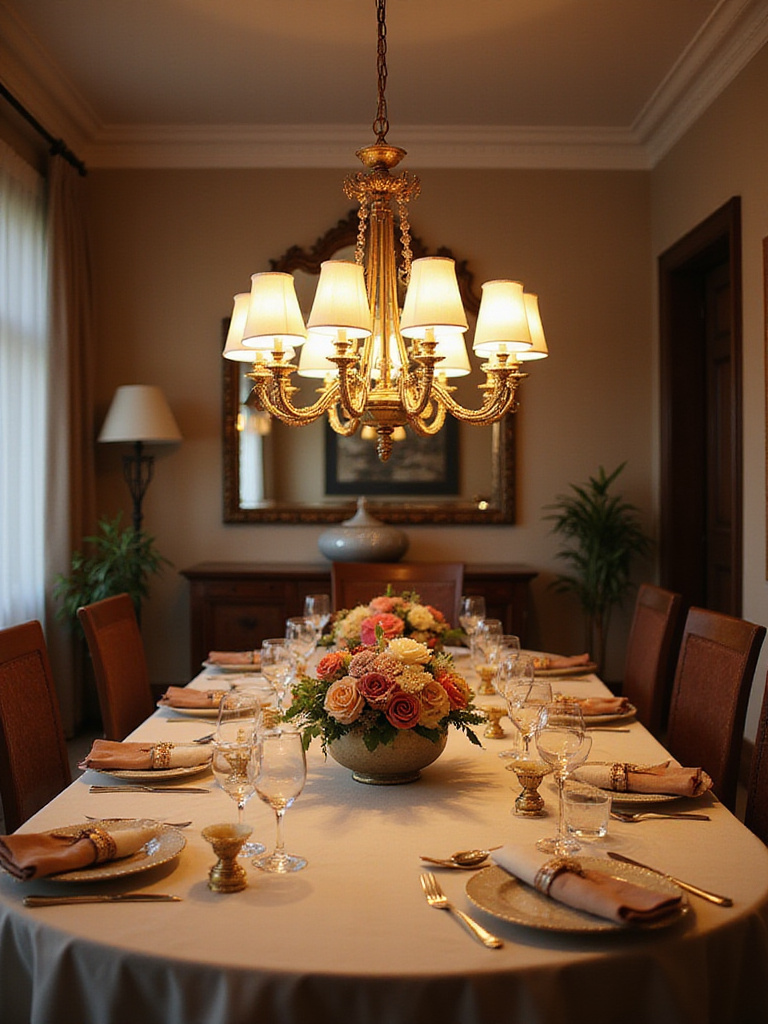 Elegant chandelier hanging at optimal height above a dining table