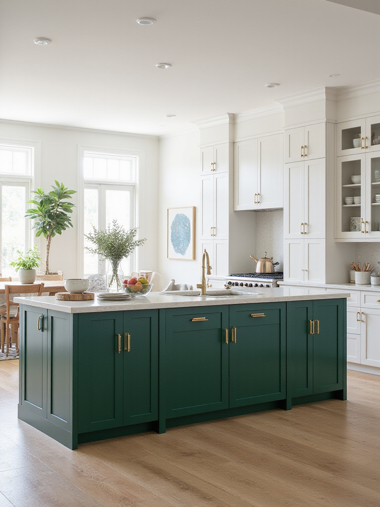 A beautifully designed two-tone kitchen with green lower cabinets and white upper cabinets.