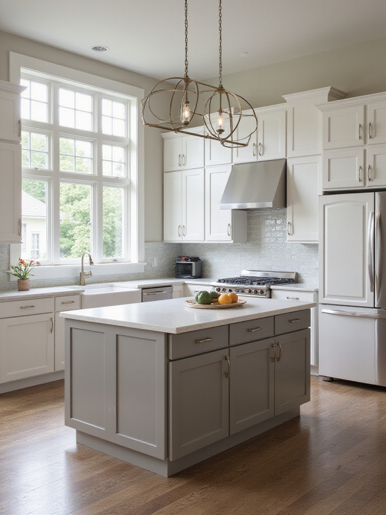 Professional kitchen interior showing optimal island cabinet placement with modern cabinetry.