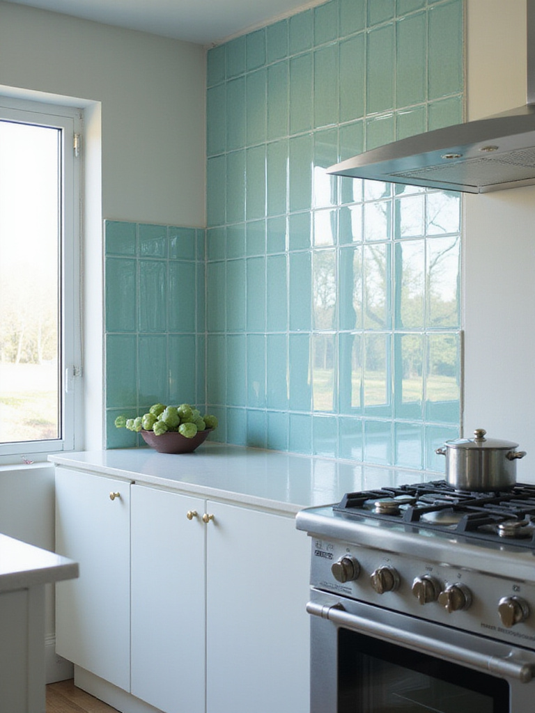 Modern kitchen featuring reflective glass tile backsplash, showcasing light reflection and contemporary design.