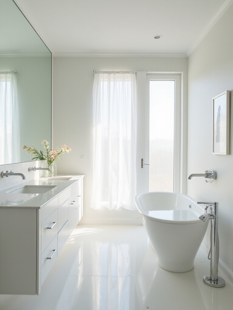 Minimalistic bathroom with abundant natural light and reflective surfaces.