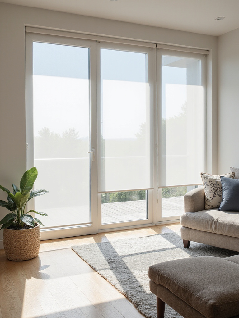Modern living room with minimalist window treatments maximizing natural light