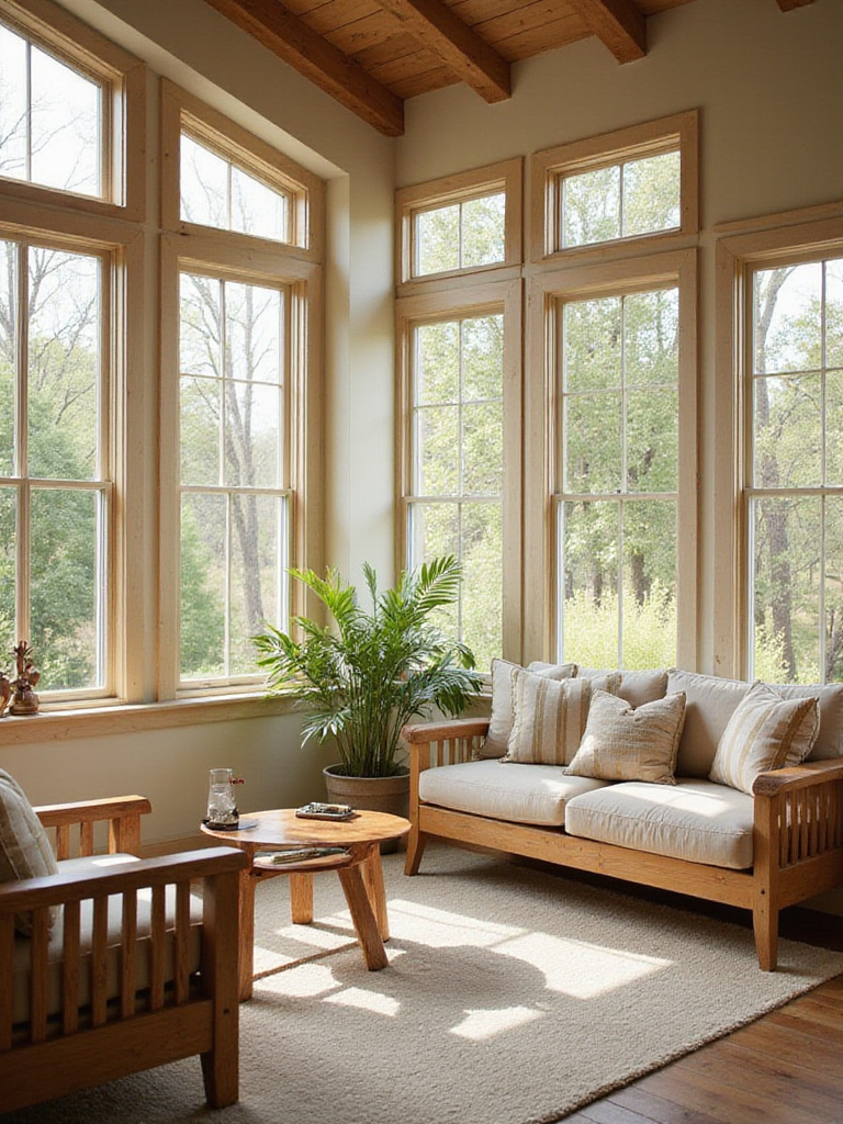 Rustic living room with large windows and minimal window coverings allowing natural light to flood the space.