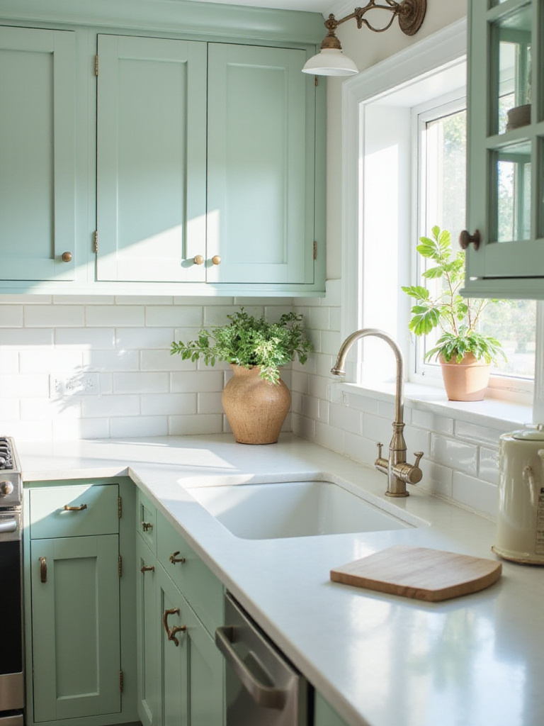 Small kitchen with light sage green cabinets and white quartz countertops, showcasing an airy and spacious feel.