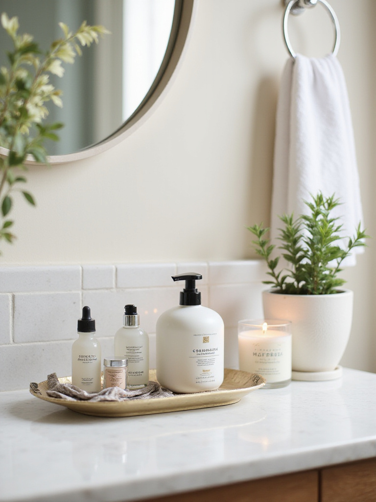 Organized vanity top display with skincare products, decorative accents, and a calming atmosphere.