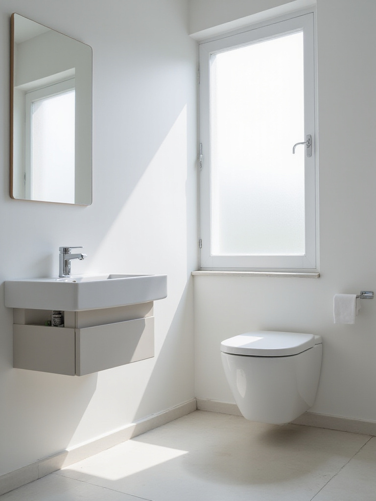 Minimalistic bathroom with wall-mounted fixtures including a floating vanity and wall-hung toilet.