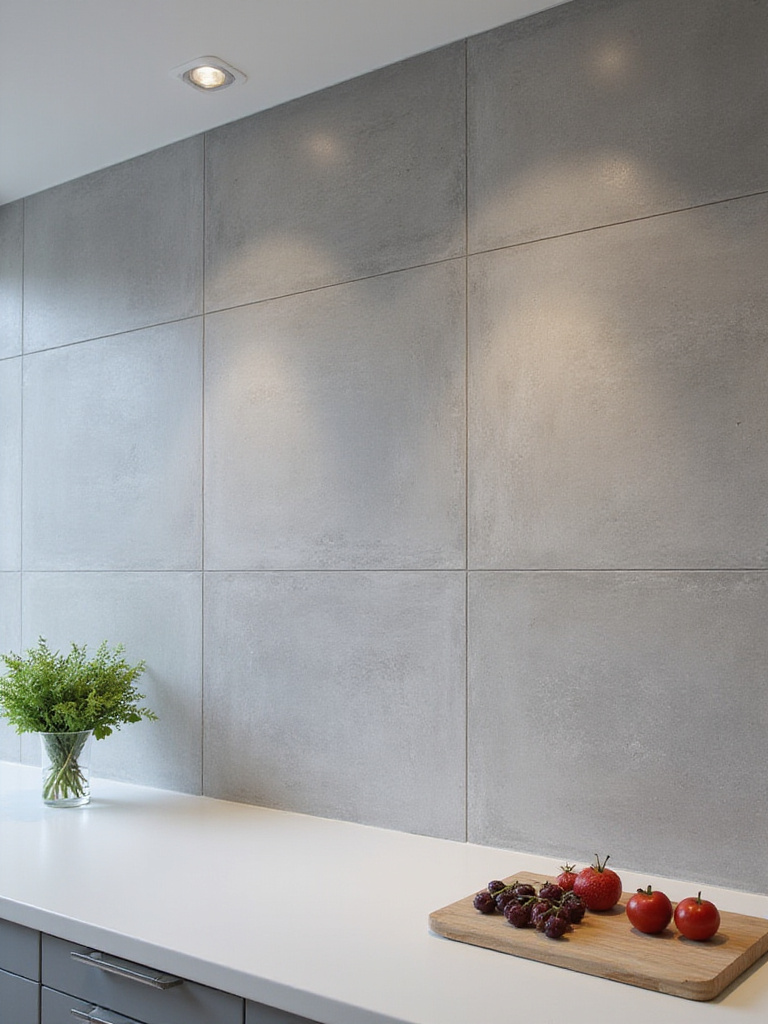 Modern kitchen backsplash with large-format porcelain tiles minimizing grout lines