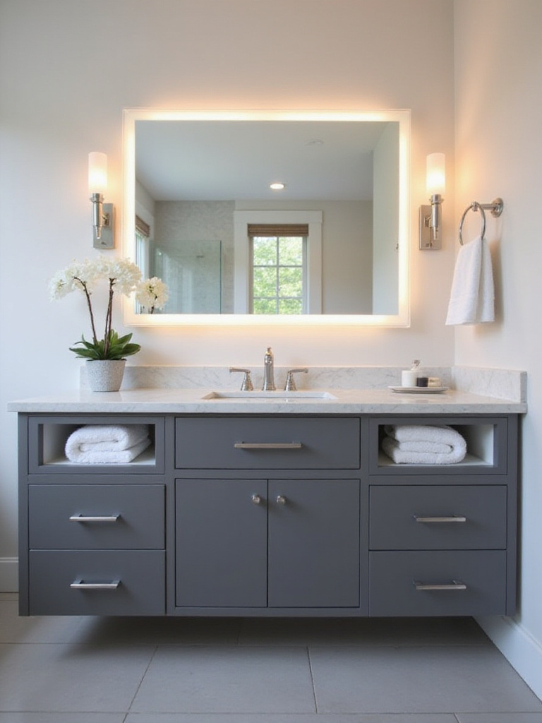 Modern bathroom vanity with quartz countertop and stylish lighting.