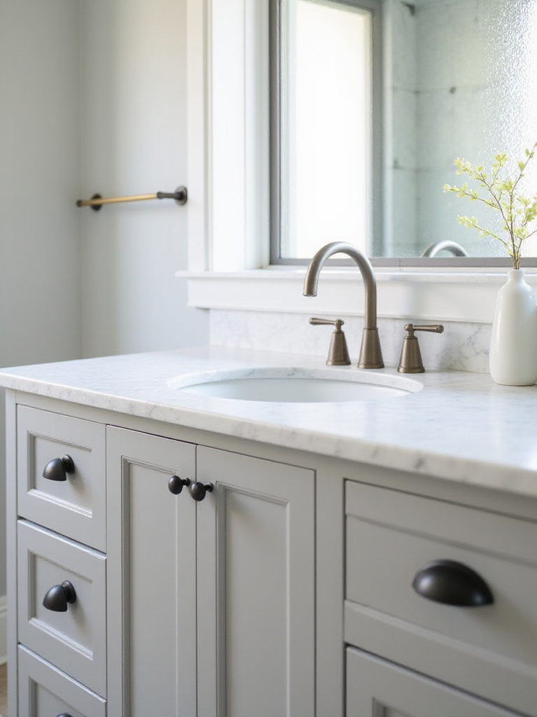 Modern bathroom with updated fixtures including matte black cabinet pulls and brushed gold towel bars.