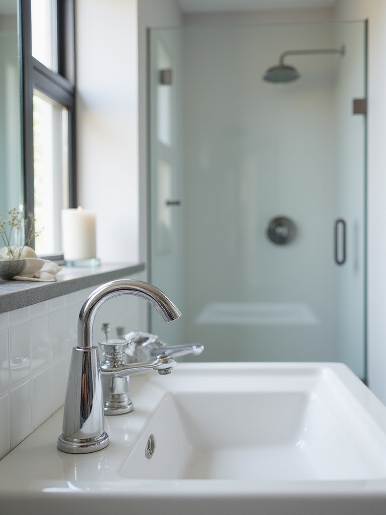 Modern bathroom featuring upgraded faucets and showerhead in a stylish setting