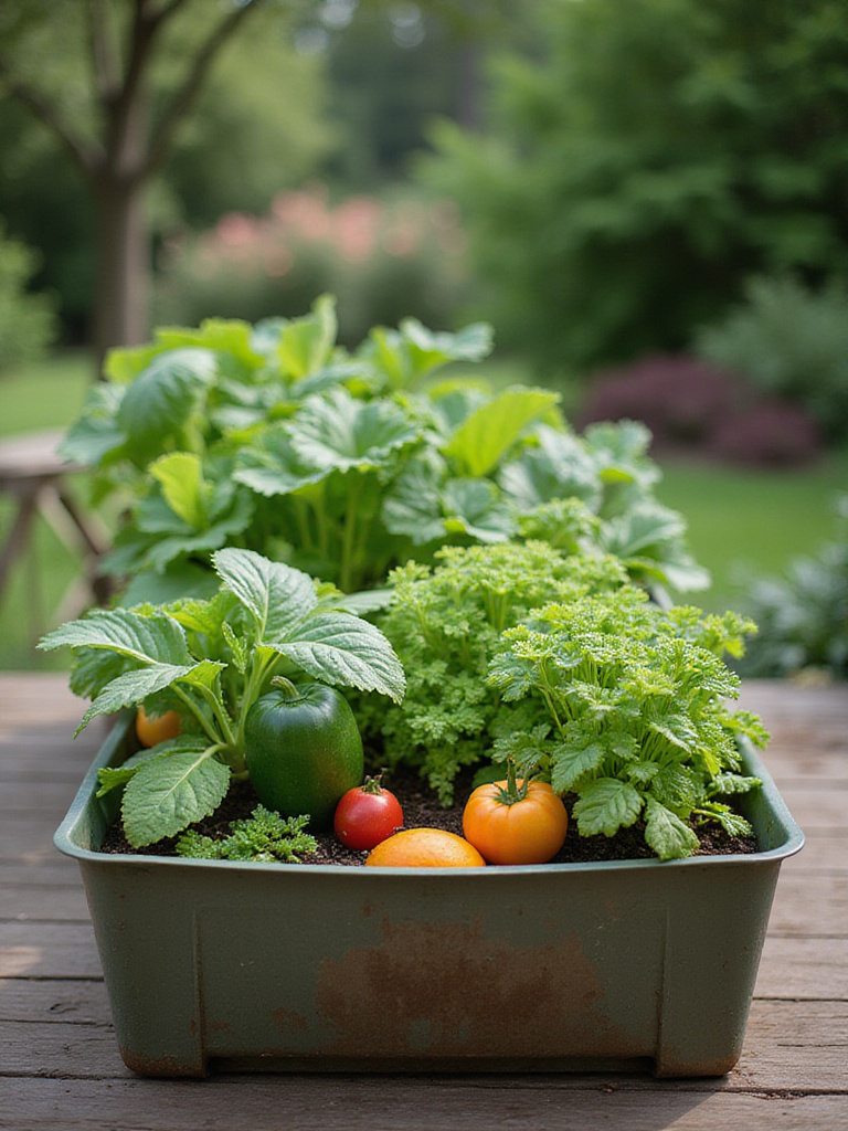 Lush container garden with vegetables showing healthy growth and vibrant colors.