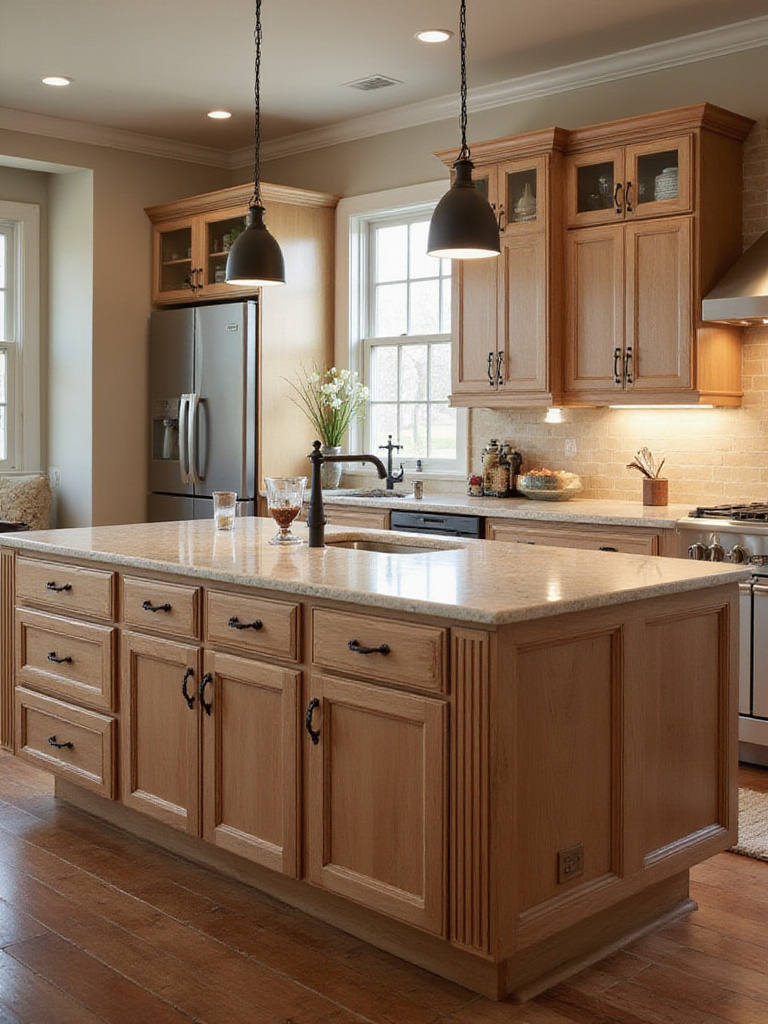 A professional kitchen showcasing custom and stock island cabinets side by side.