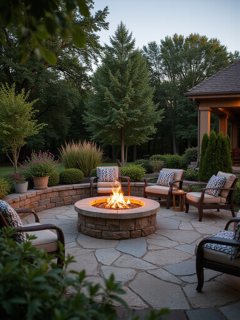 A beautifully designed firepit area in a backyard with safety features visible.
